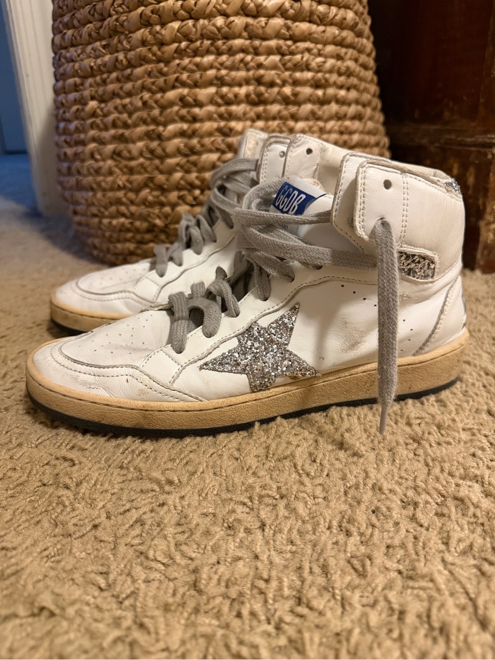 Golden Goose Sky Star High-Top Sneakers with Silver Glitter Star